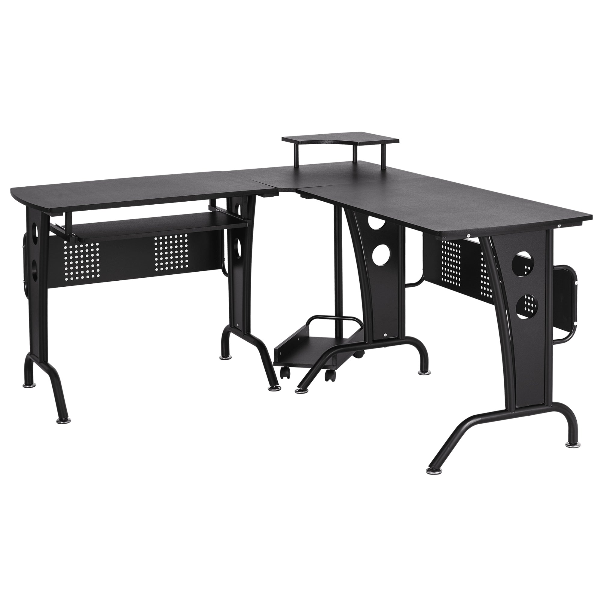 Gaming Desk for Home or Office, L-Shaped Space-Saving Desk with Retractable Keyboard Tray, 165x145x86.5cm, Black