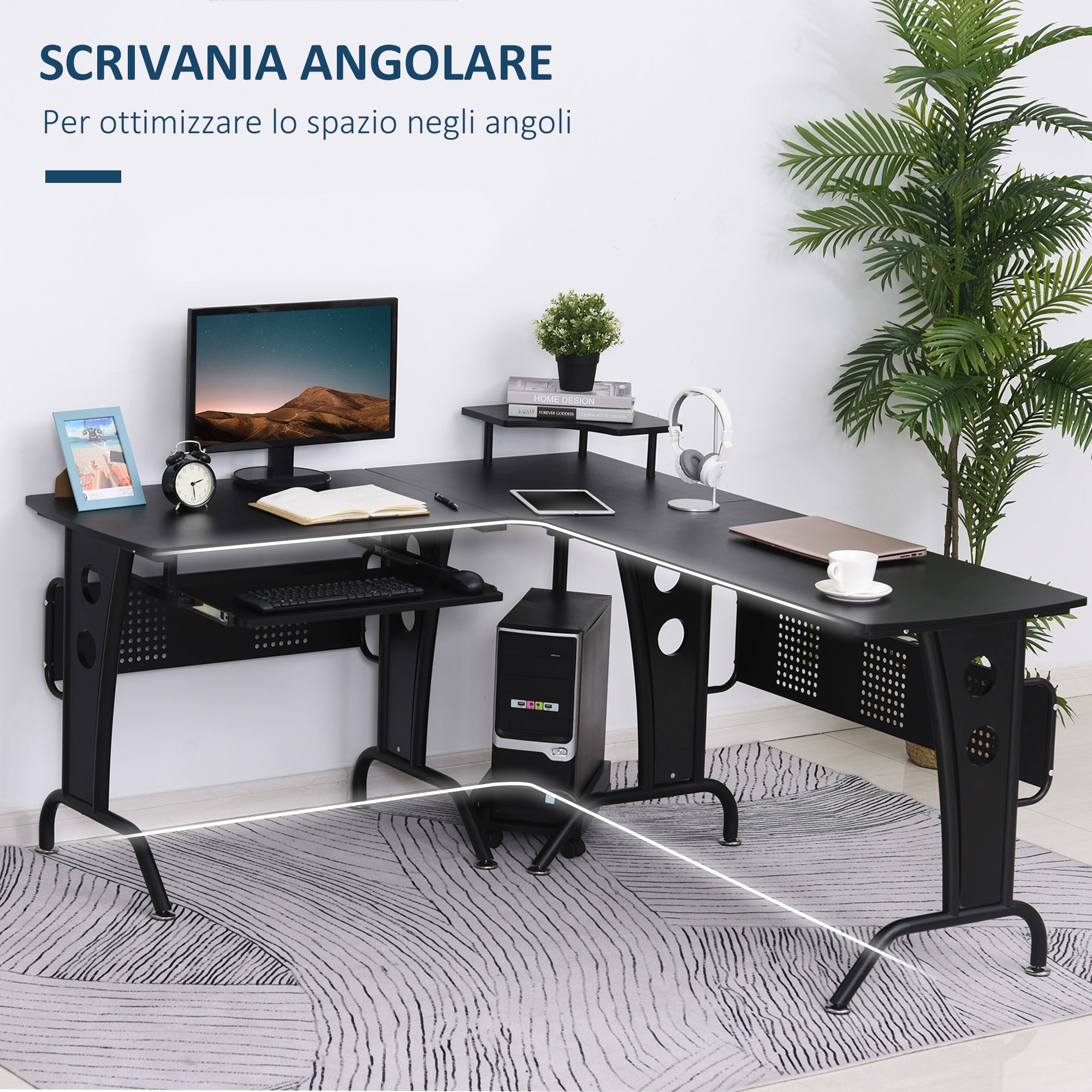 Gaming Desk for Home or Office, L-Shaped Space-Saving Desk with Retractable Keyboard Tray, 165x145x86.5cm, Black