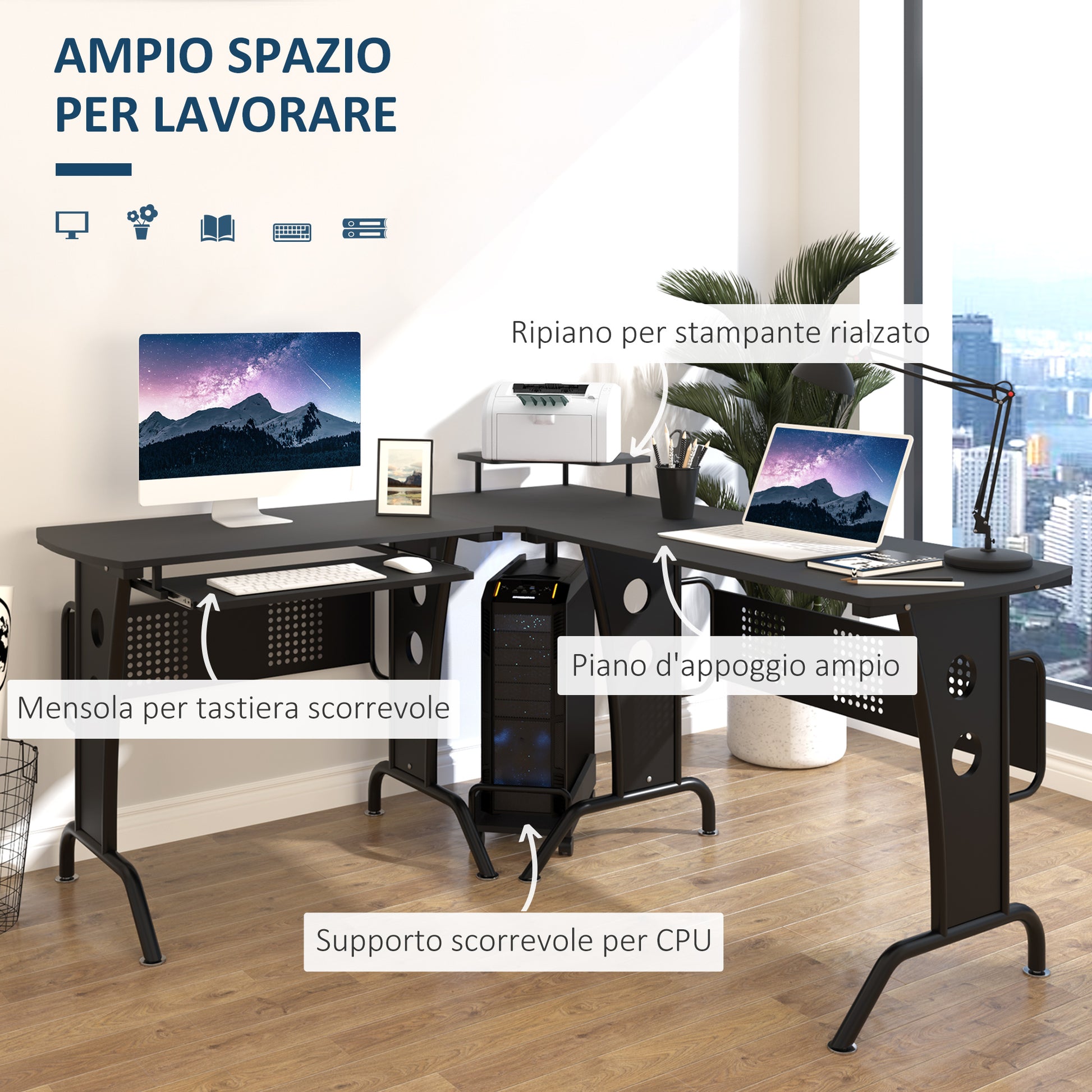 Gaming Desk for Home or Office, L-Shaped Space-Saving Desk with Retractable Keyboard Tray, 165x145x86.5cm, Black