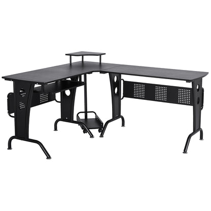 Gaming Desk for Home or Office, L-Shaped Space-Saving Desk with Retractable Keyboard Tray, 165x145x86.5cm, Black