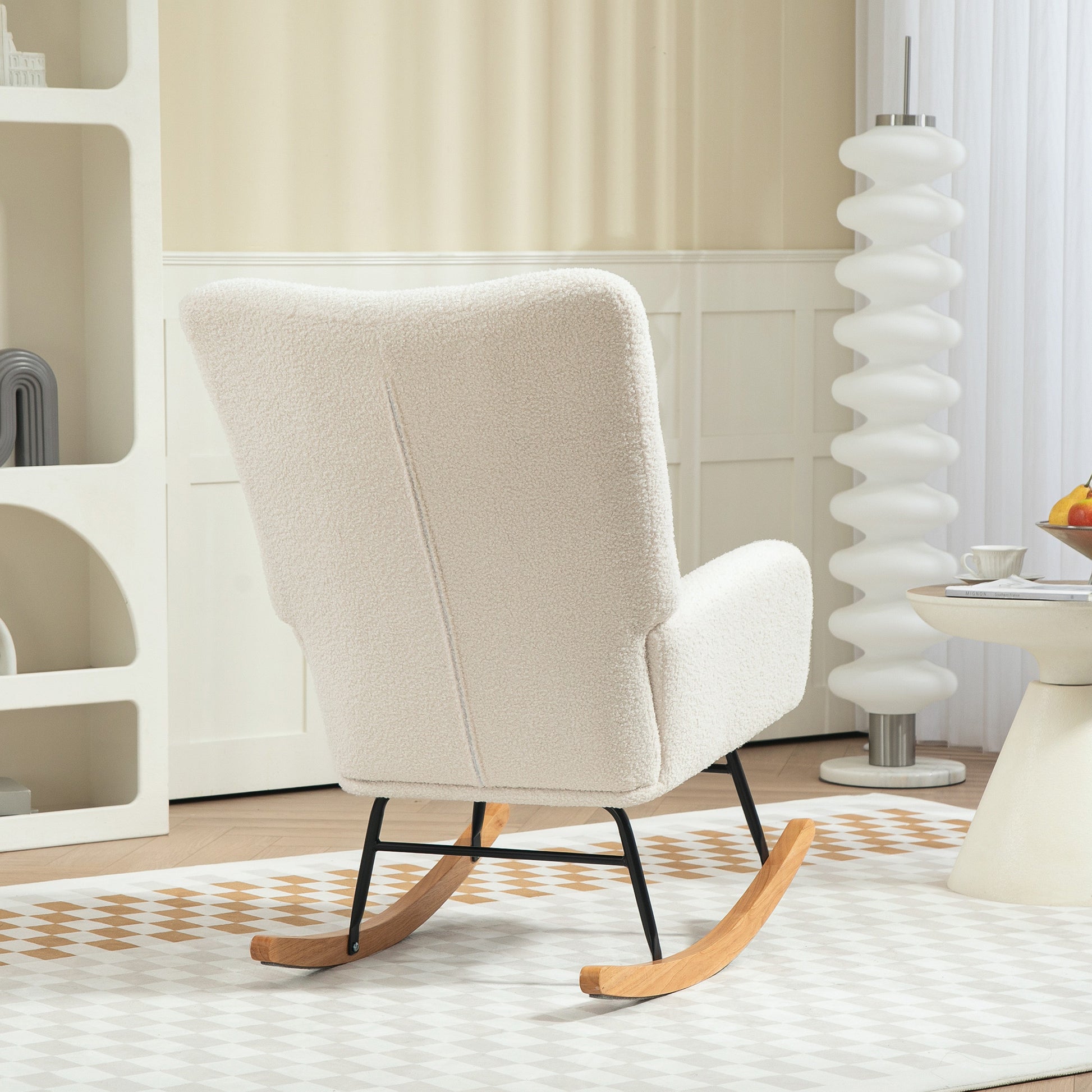 Rocking Chair, Rocking Armchair with Armrest, Teddy Velvet Look, Relax Armchair with Wooden Rockers, Rocking Nursing Chair for Bedroom, Living Room, Cream