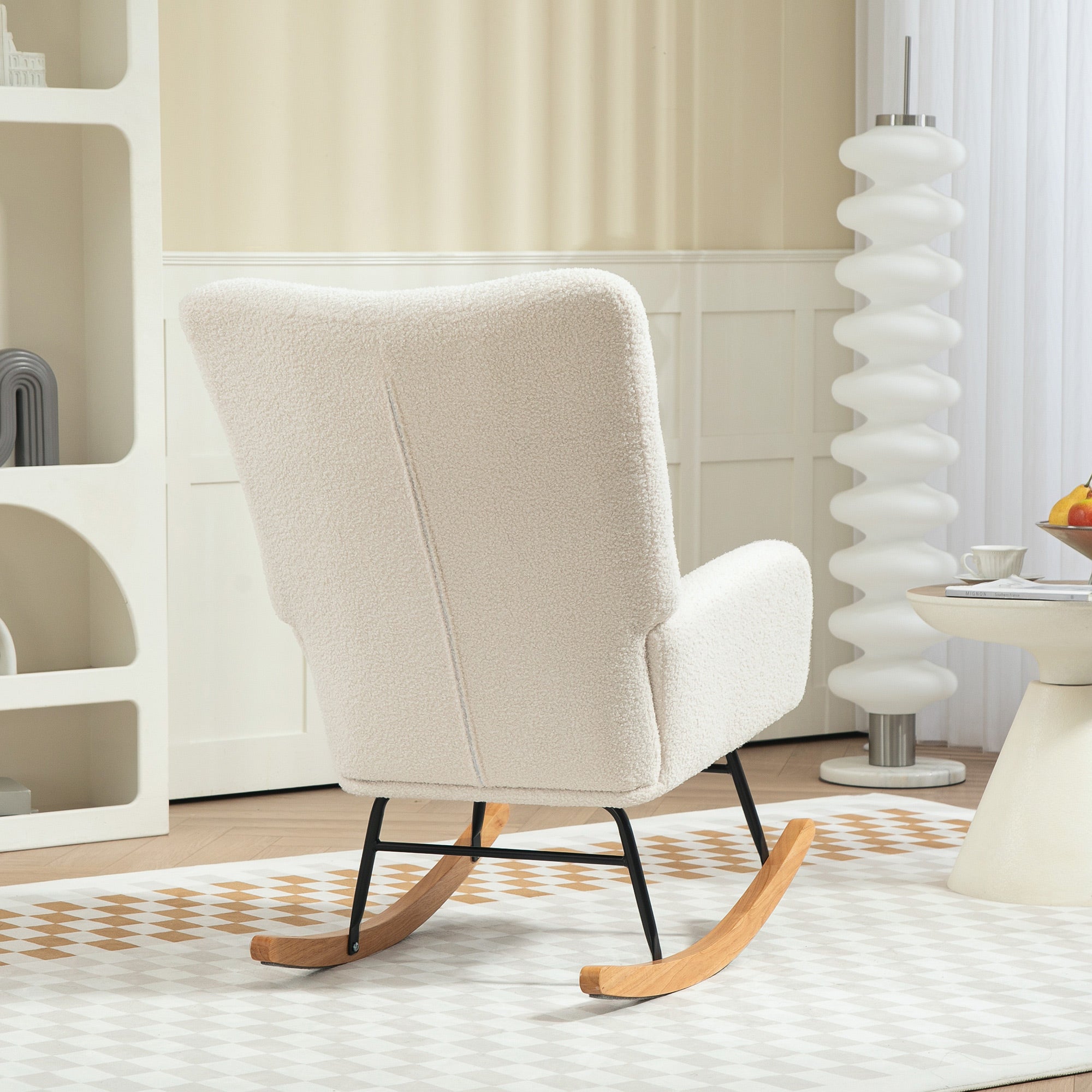 Rocking Chair, Rocking Armchair with Armrest, Teddy Velvet Look, Relax Armchair with Wooden Rockers, Rocking Nursing Chair for Bedroom, Living Room, Cream