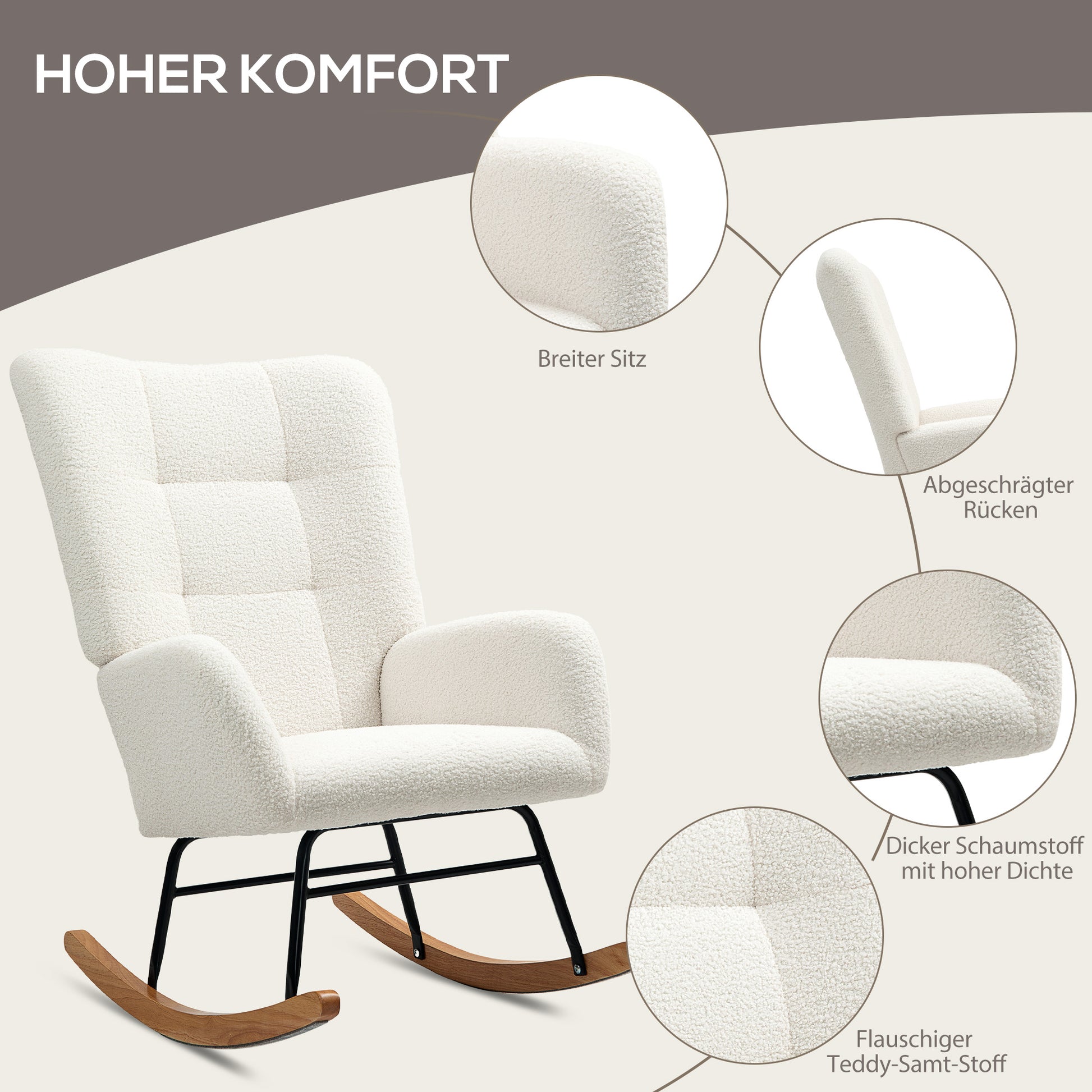 Rocking Chair, Rocking Armchair with Armrest, Teddy Velvet Look, Relax Armchair with Wooden Rockers, Rocking Nursing Chair for Bedroom, Living Room, Cream