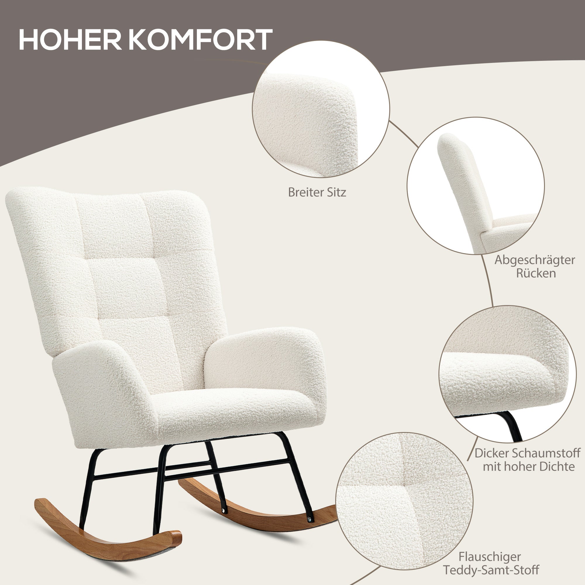 Rocking Chair, Rocking Armchair with Armrest, Teddy Velvet Look, Relax Armchair with Wooden Rockers, Rocking Nursing Chair for Bedroom, Living Room, Cream