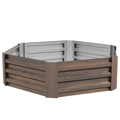 Raised Bed Made of Steel, Hexagonal Flower Box with Open Bottom, Plant Box with Wood Finish, Vegetable Bed for Balcony, Garden, Dark Brown, 113 x 98 x 30 cm