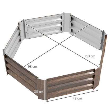 Raised Bed Made of Steel, Hexagonal Flower Box with Open Bottom, Plant Box with Wood Finish, Vegetable Bed for Balcony, Garden, Dark Brown, 113 x 98 x 30 cm