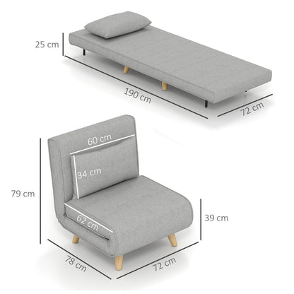 Single Sofa Bed Foldable Armchair Upholstered in Synthetic Linen with Adjustable Backrest in 6 Positions and Pillow Sofa Bed for Living Room 72x78x79 cm Light Gray
