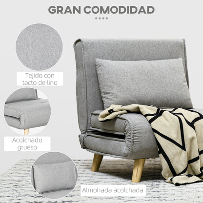 Single Sofa Bed Foldable Armchair Upholstered in Synthetic Linen with Adjustable Backrest in 6 Positions and Pillow Sofa Bed for Living Room 72x78x79 cm Light Gray