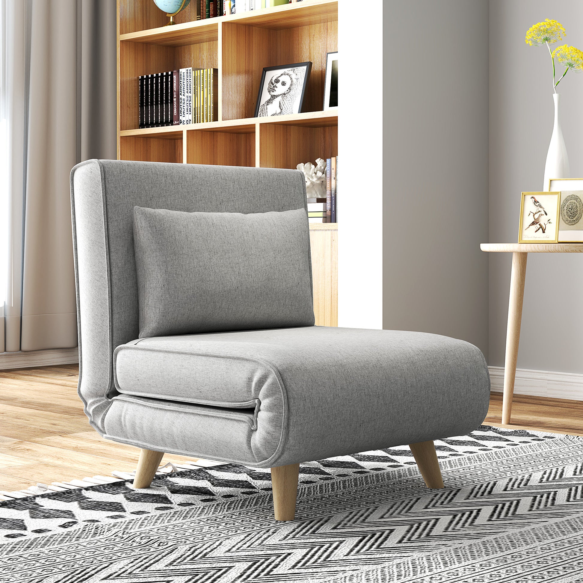 Single Sofa Bed Foldable Armchair Upholstered in Synthetic Linen with Adjustable Backrest in 6 Positions and Pillow Sofa Bed for Living Room 72x78x79 cm Light Gray