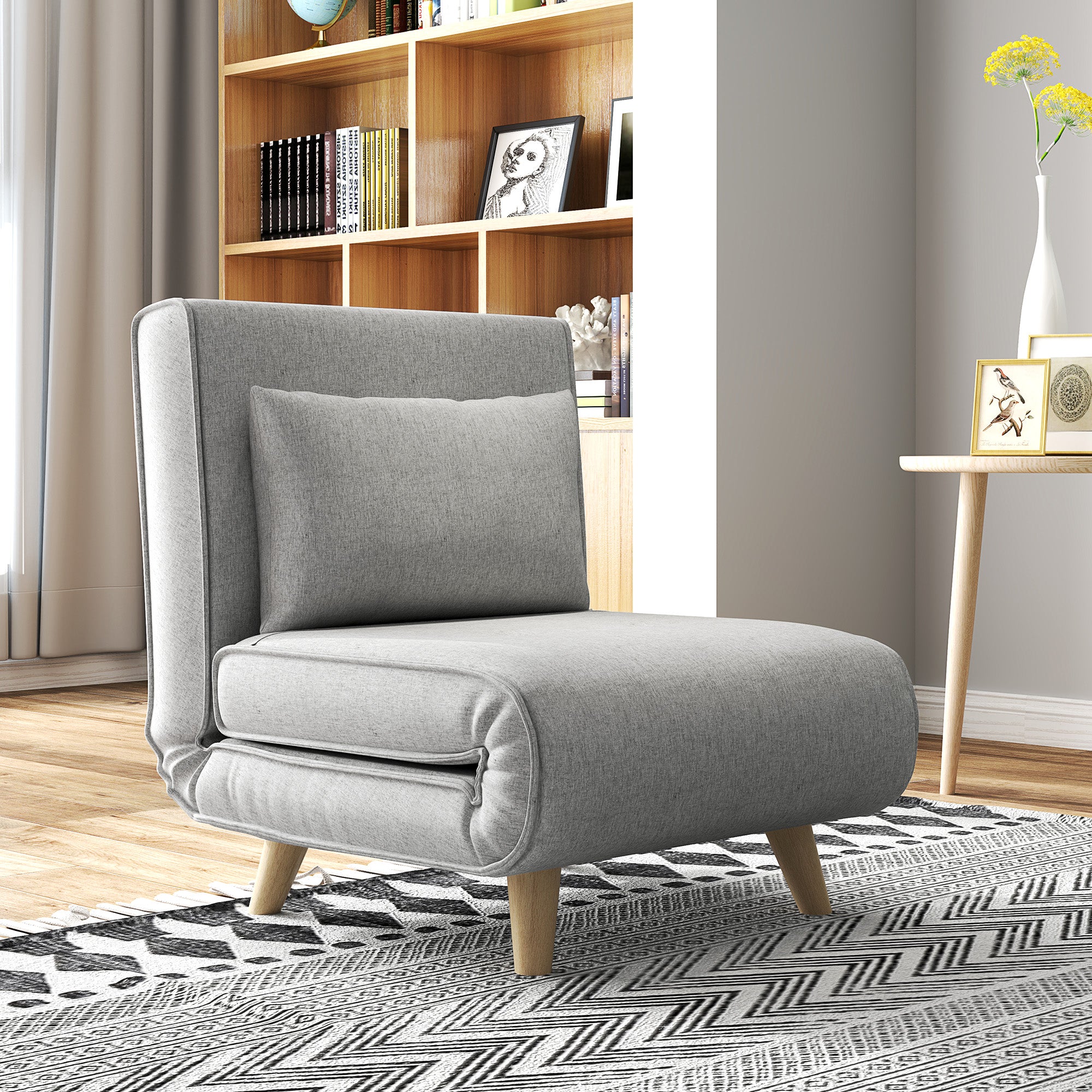 Single Sofa Bed Foldable Armchair Upholstered in Synthetic Linen with Adjustable Backrest in 6 Positions and Pillow Sofa Bed for Living Room 72x78x79 cm Light Gray