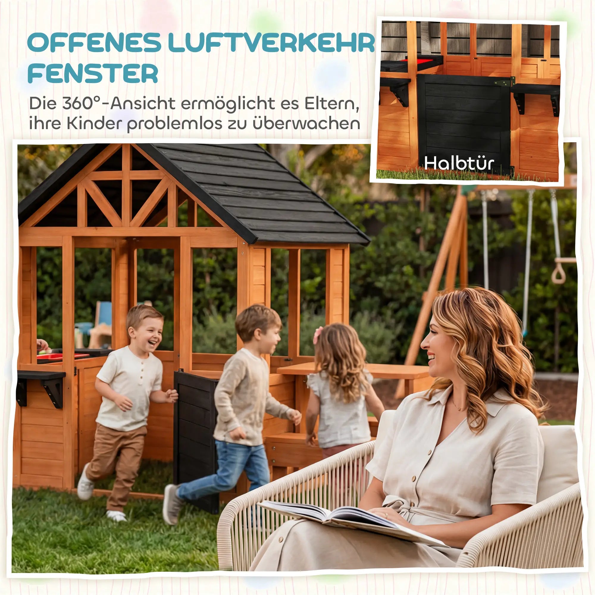 Wooden Outdoor Playhouse for Kids — Table, Benches, Sink, Door, Window & Flower Boxes, Brown, 166.3 x 112.5 x 139.7 cm (65.5 x 44.3 x 55.0 in)