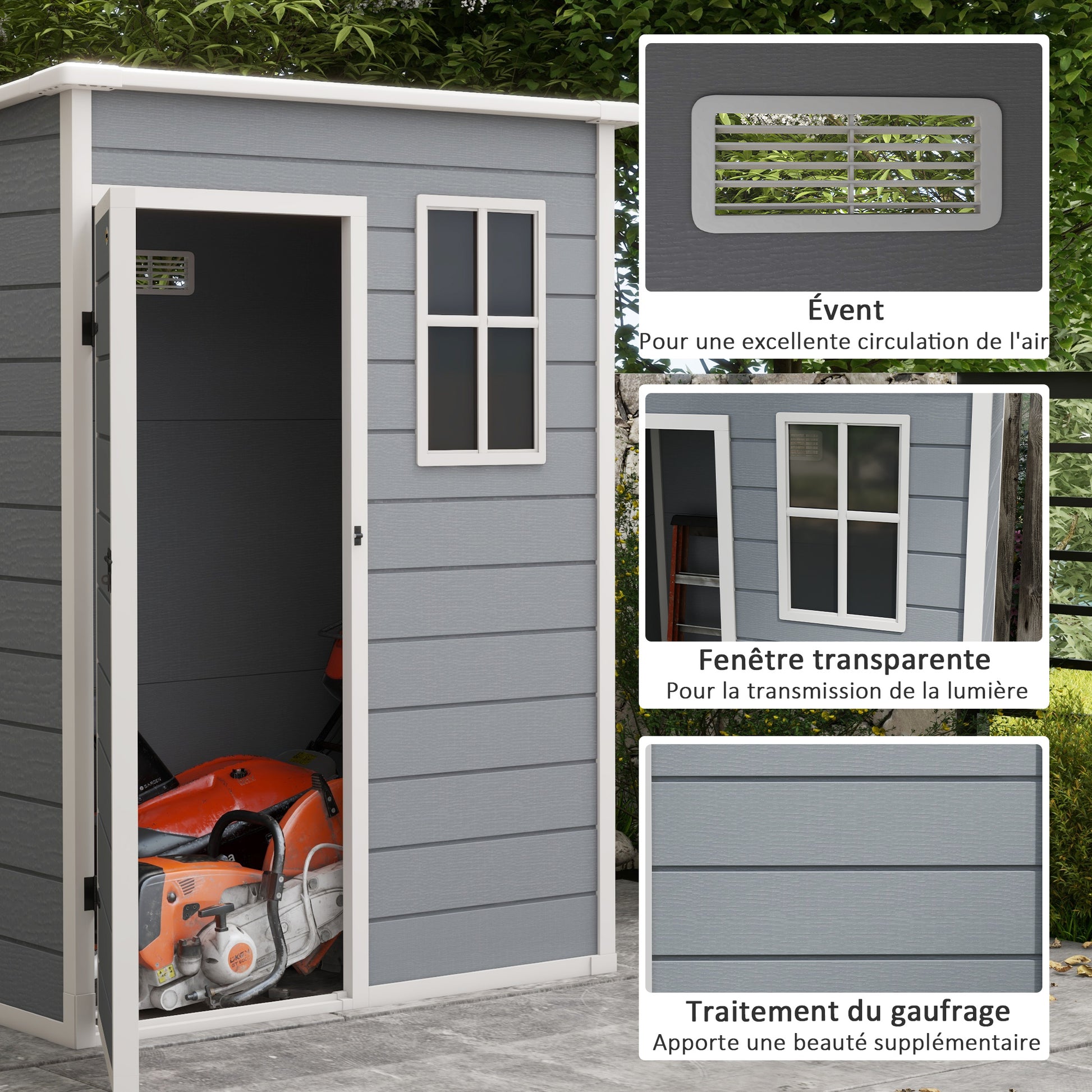 Garden Shed 1.14 m² Tool Shed - lockable door, ventilation, and window - dim. 151L x 92W x 193H cm - plastic, gray
