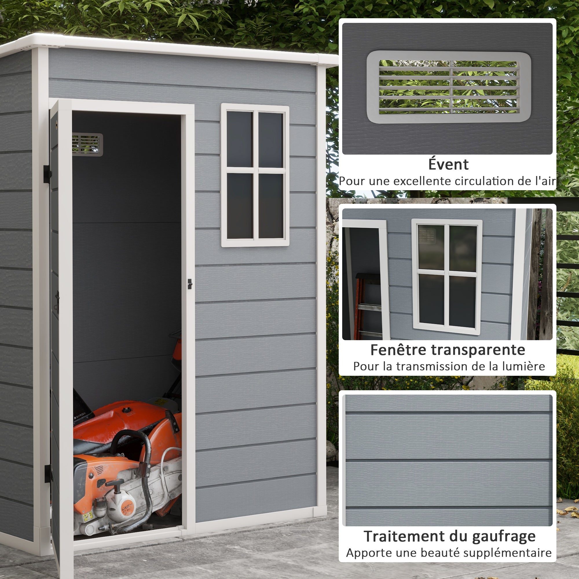 Garden Shed 1.14 m² Tool Shed - lockable door, ventilation, and window - dim. 151L x 92W x 193H cm - plastic, gray
