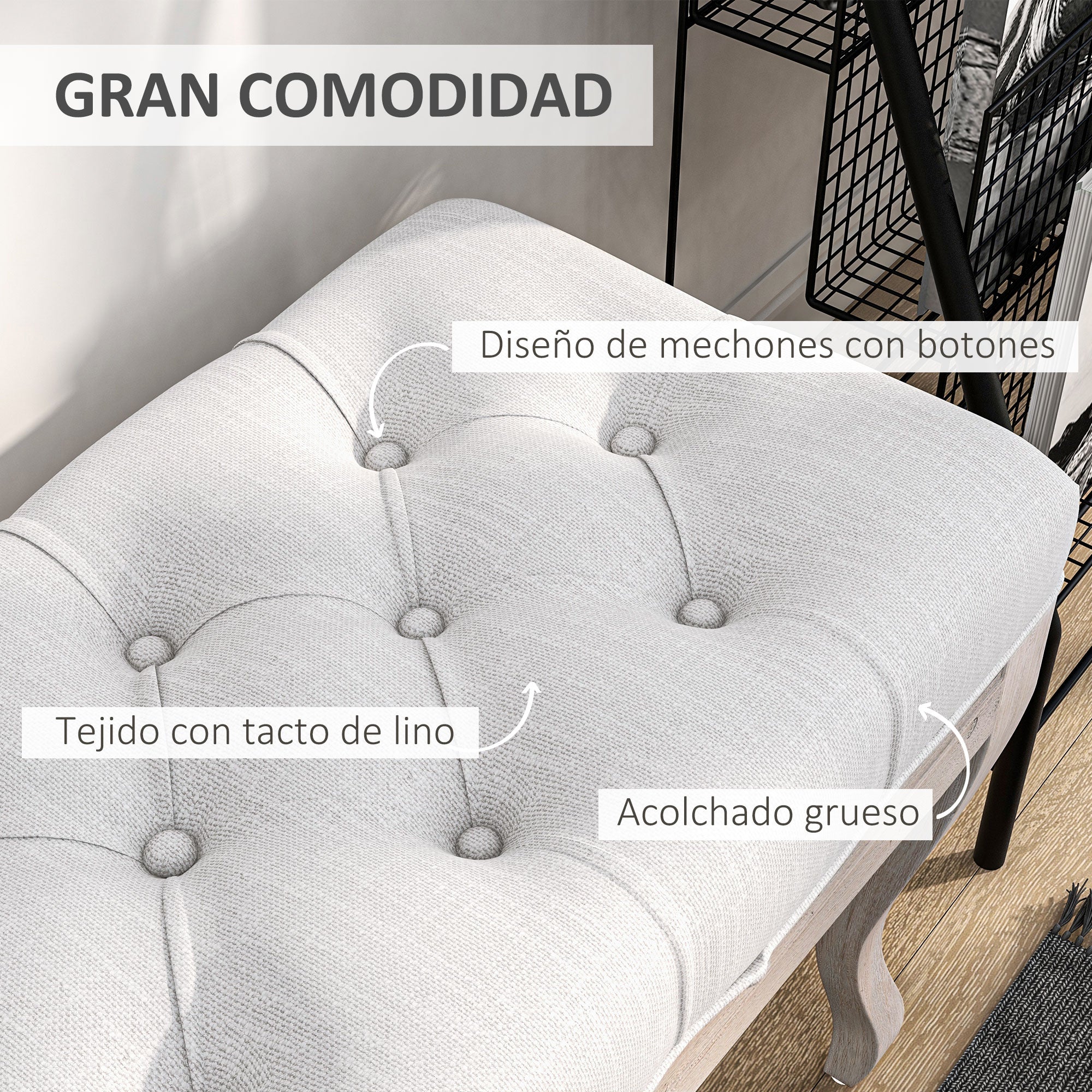 Bed End Bench Bedroom Bench with Wooden Legs and Padded Seat Load 120 kg Entryway Bench 110x37x49 cm Cream