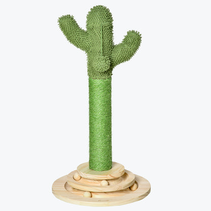 Cat Scratching Tree Cactus Cat Tree Pine Wood Sisal Rope Scratching Post with Wooden Ball Cat Toy for Cats 60 cm High Green+Natural