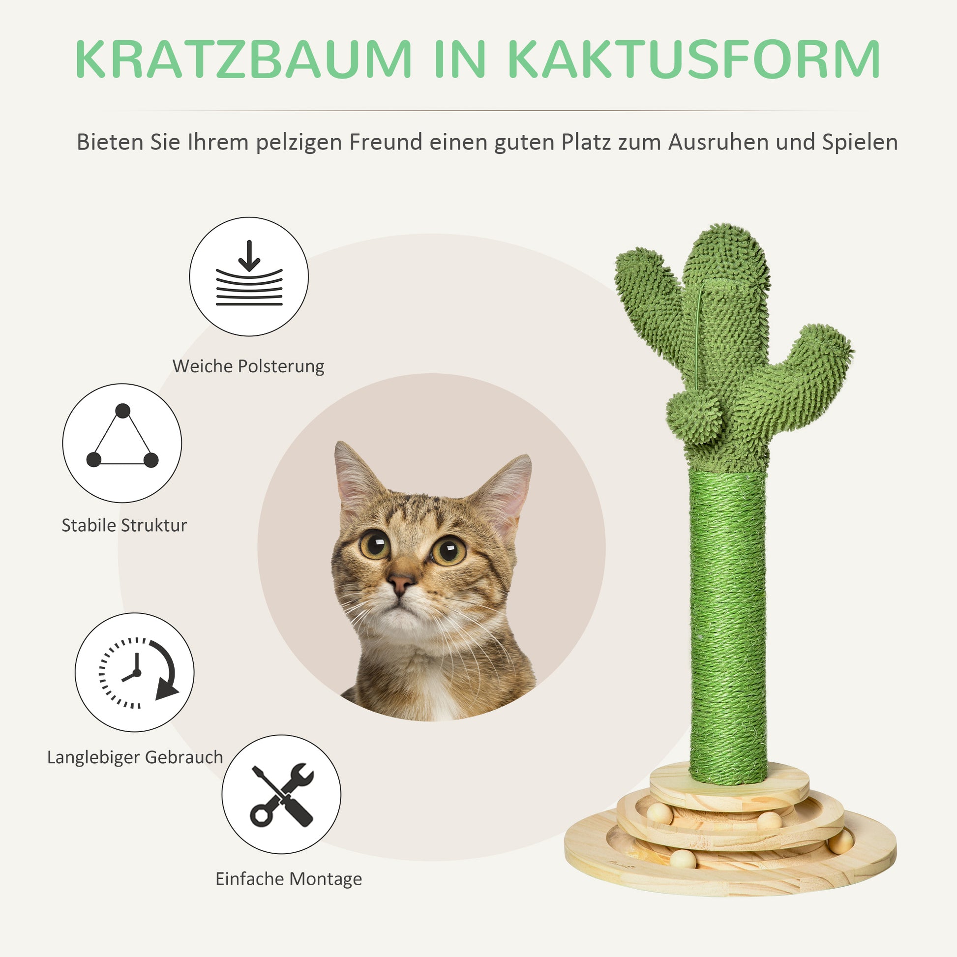 Cat Scratching Tree Cactus Cat Tree Pine Wood Sisal Rope Scratching Post with Wooden Ball Cat Toy for Cats 60 cm High Green+Natural