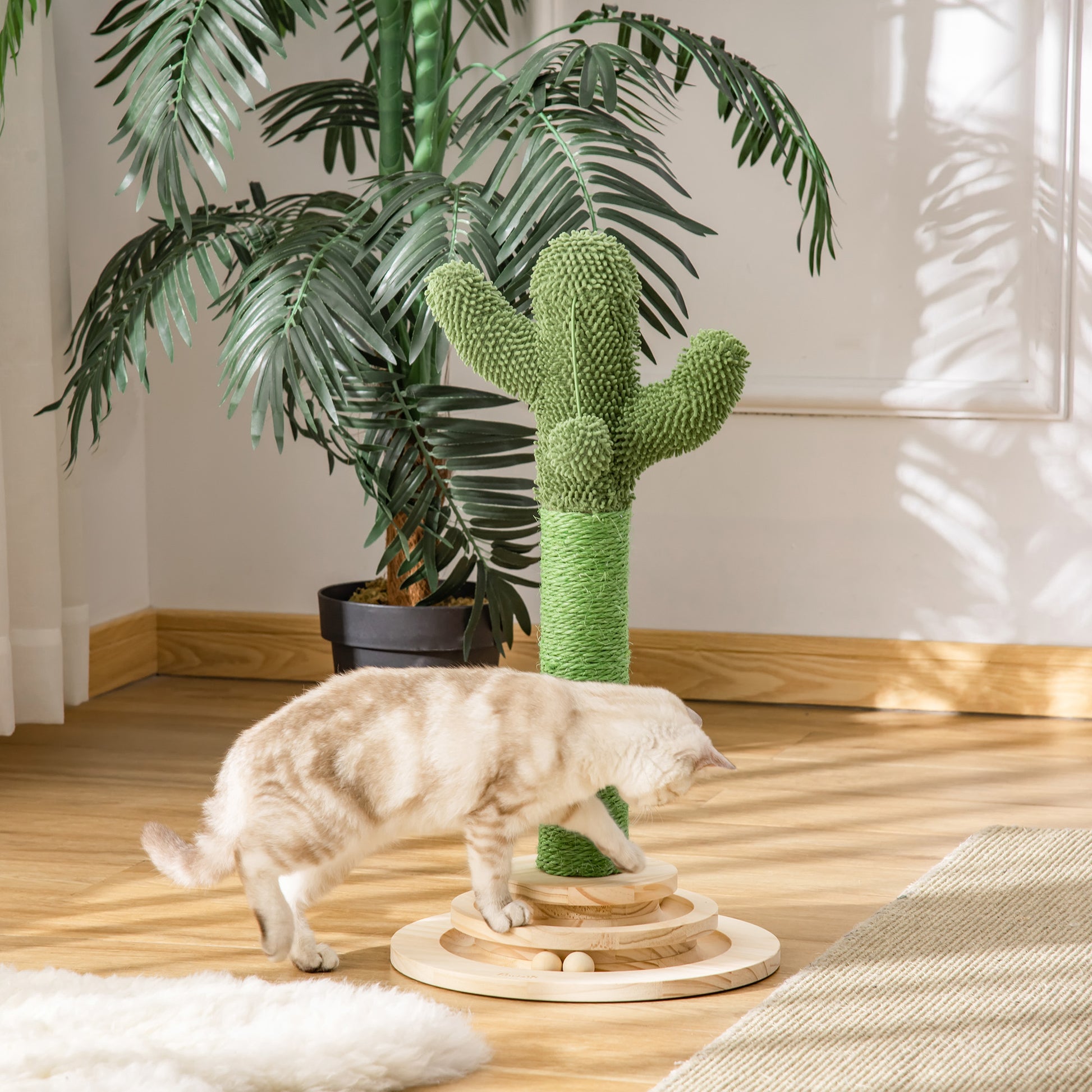 Cat Scratching Tree Cactus Cat Tree Pine Wood Sisal Rope Scratching Post with Wooden Ball Cat Toy for Cats 60 cm High Green+Natural
