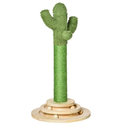 Cat Scratching Tree Cactus Cat Tree Pine Wood Sisal Rope Scratching Post with Wooden Ball Cat Toy for Cats 60 cm High Green+Natural