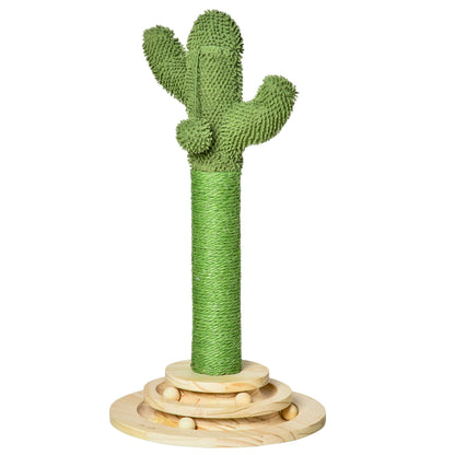 Cat Scratching Tree Cactus Cat Tree Pine Wood Sisal Rope Scratching Post with Wooden Ball Cat Toy for Cats 60 cm High Green+Natural