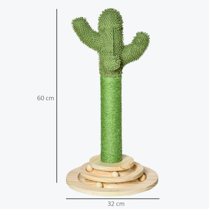 Cat Scratching Tree Cactus Cat Tree Pine Wood Sisal Rope Scratching Post with Wooden Ball Cat Toy for Cats 60 cm High Green+Natural