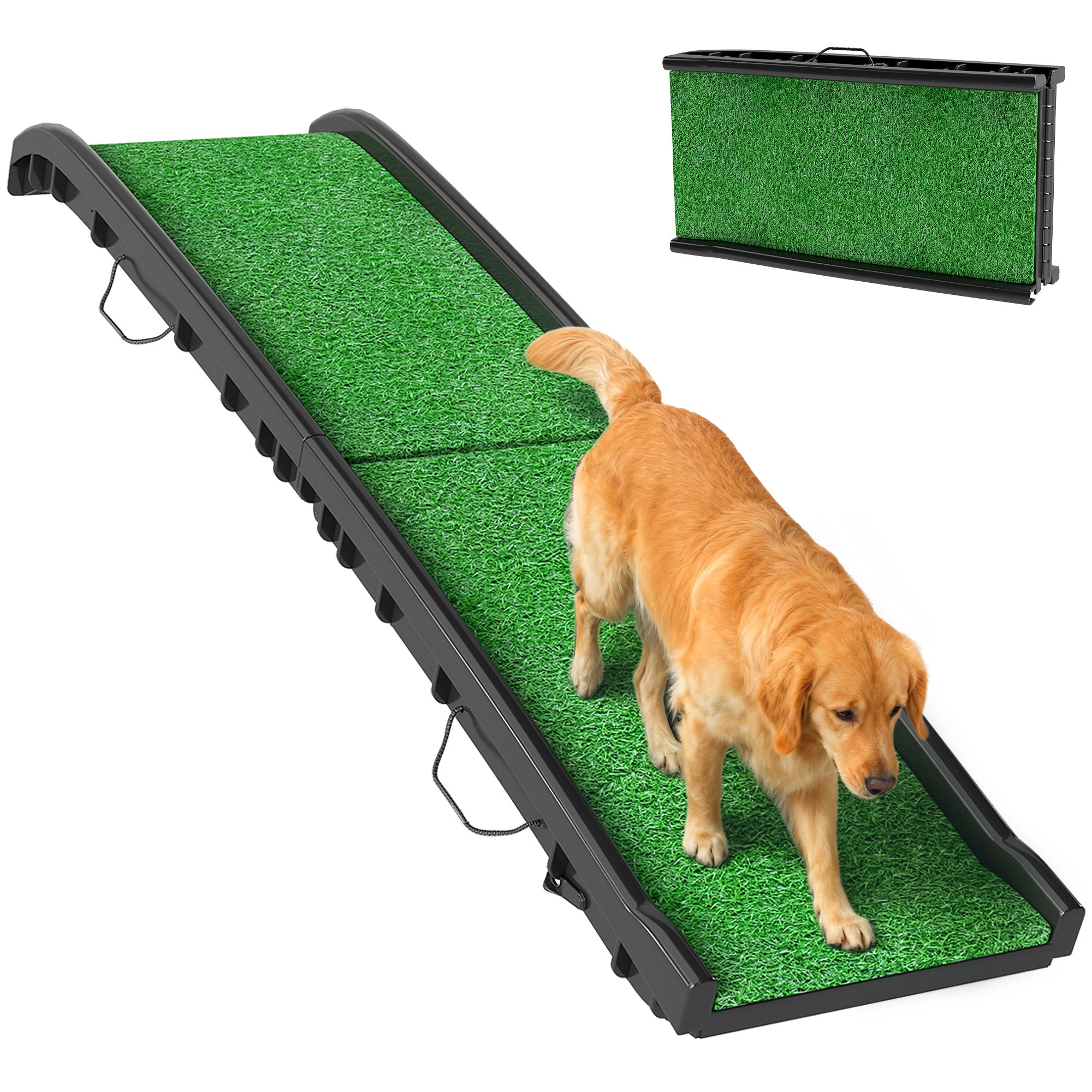 Dog Ramp with Artificial Turf, 61 in — Foldable Car Ramp with Handle, Adjustable Angle, Non-Slip, For All Breeds, Bed & Sofa (Green)