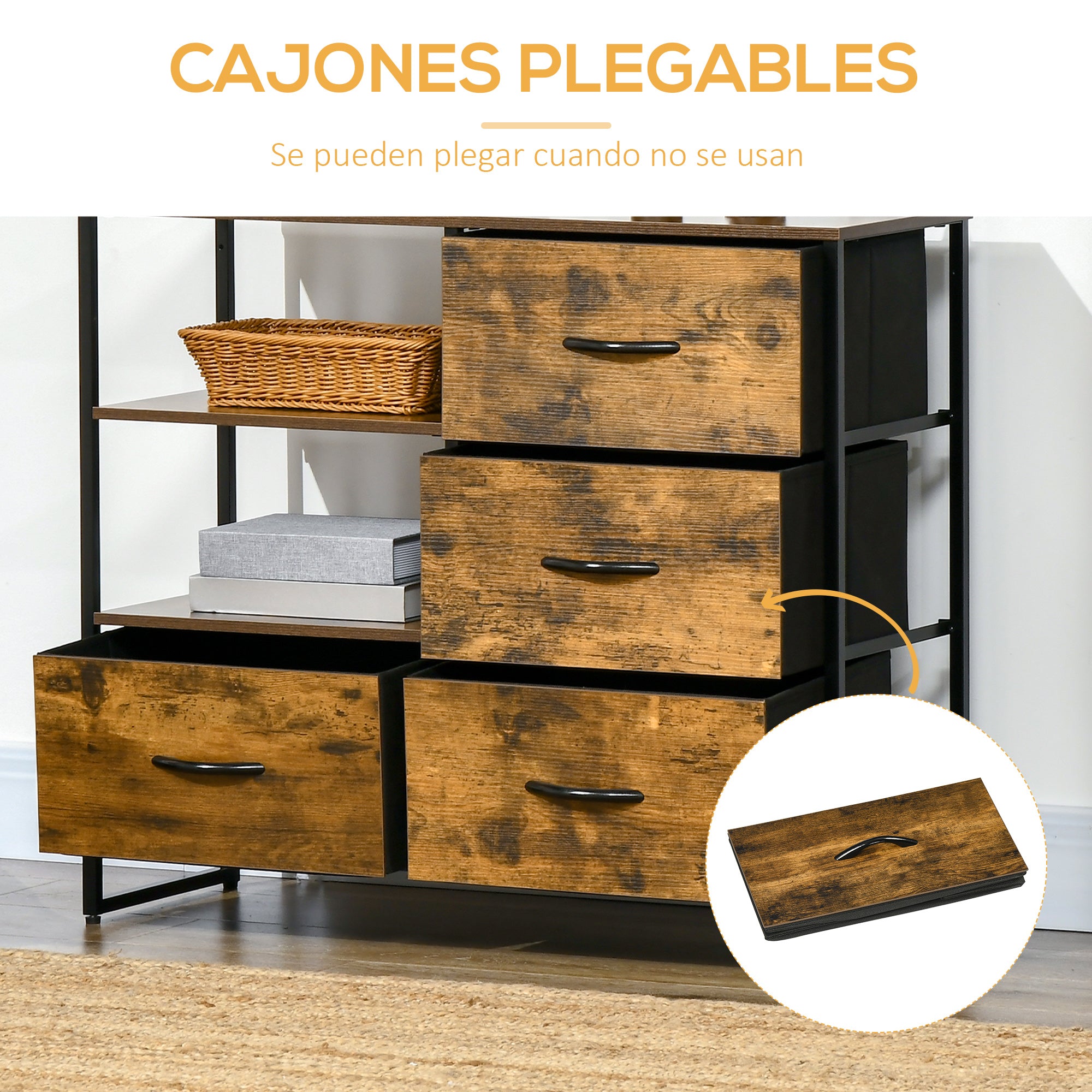 Fabric Drawer Organizer Dresser with Foldable Drawers Open Shelves and Steel Frame Industrial Style for Living Room Entryway Bedroom 84x30x71.5 cm Rustic Brown