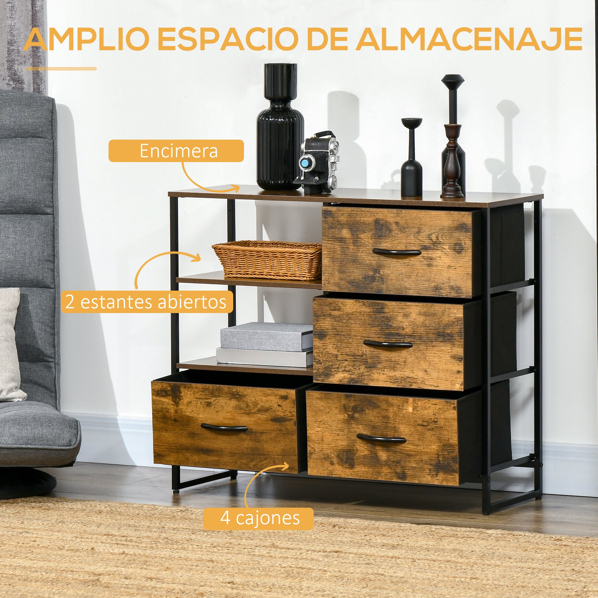 Fabric Drawer Organizer Dresser with Foldable Drawers Open Shelves and Steel Frame Industrial Style for Living Room Entryway Bedroom 84x30x71.5 cm Rustic Brown