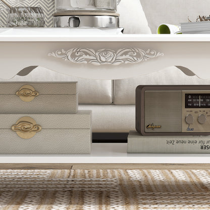 Modern Living Room Coffee Table with Large Lower Storage Shelf, White Wood Sofa Coffee Table 94x44x43cm