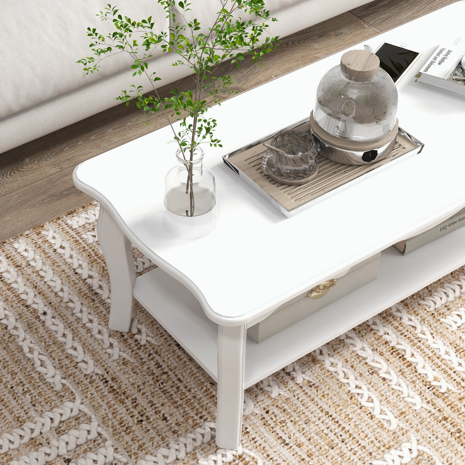 Modern Living Room Coffee Table with Large Lower Storage Shelf, White Wood Sofa Coffee Table 94x44x43cm