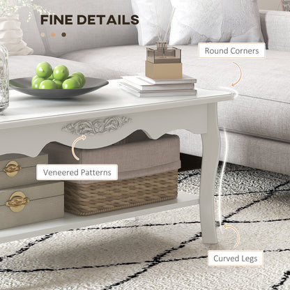 Modern Living Room Coffee Table with Large Lower Storage Shelf, White Wood Sofa Coffee Table 94x44x43cm