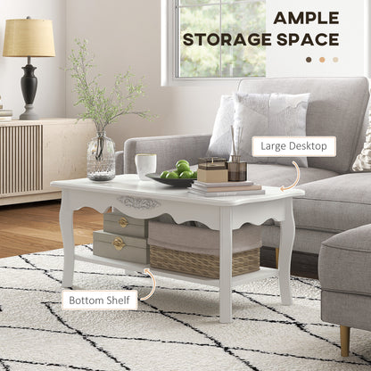 Modern Living Room Coffee Table with Large Lower Storage Shelf, White Wood Sofa Coffee Table 94x44x43cm