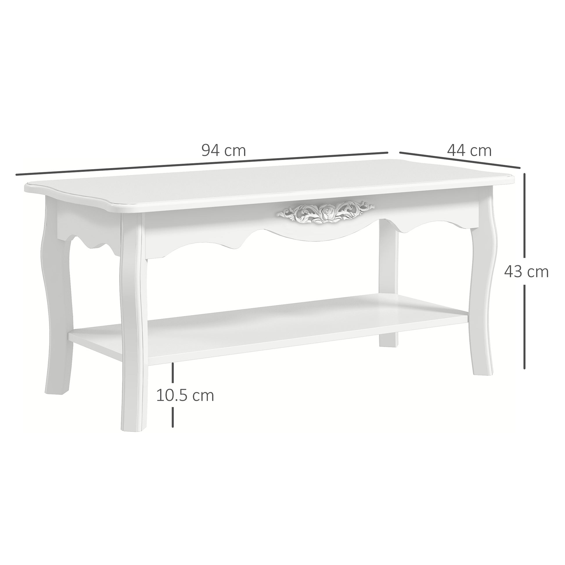 Modern Living Room Coffee Table with Large Lower Storage Shelf, White Wood Sofa Coffee Table 94x44x43cm