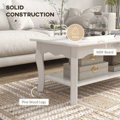 Modern Living Room Coffee Table with Large Lower Storage Shelf, White Wood Sofa Coffee Table 94x44x43cm