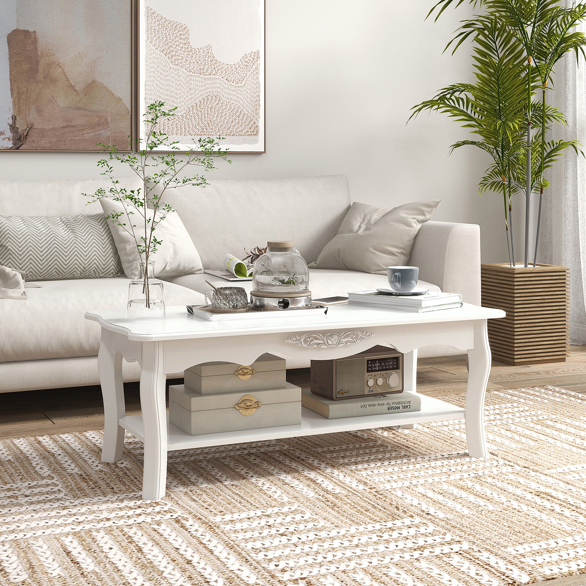 Modern Living Room Coffee Table with Large Lower Storage Shelf, White Wood Sofa Coffee Table 94x44x43cm