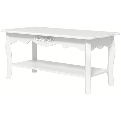 Modern Living Room Coffee Table with Large Lower Storage Shelf, White Wood Sofa Coffee Table 94x44x43cm