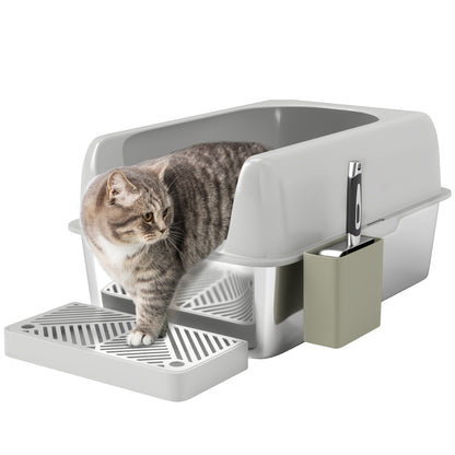 Stainless Steel Cat Litter Box Open Cat Litter Box without Lid XXL Cat Litter Box with Shovel High Rim Mat Storage Box Cat Litter Box for Medium-sized Cats 60 x 40 x 30 cm Light Gray
