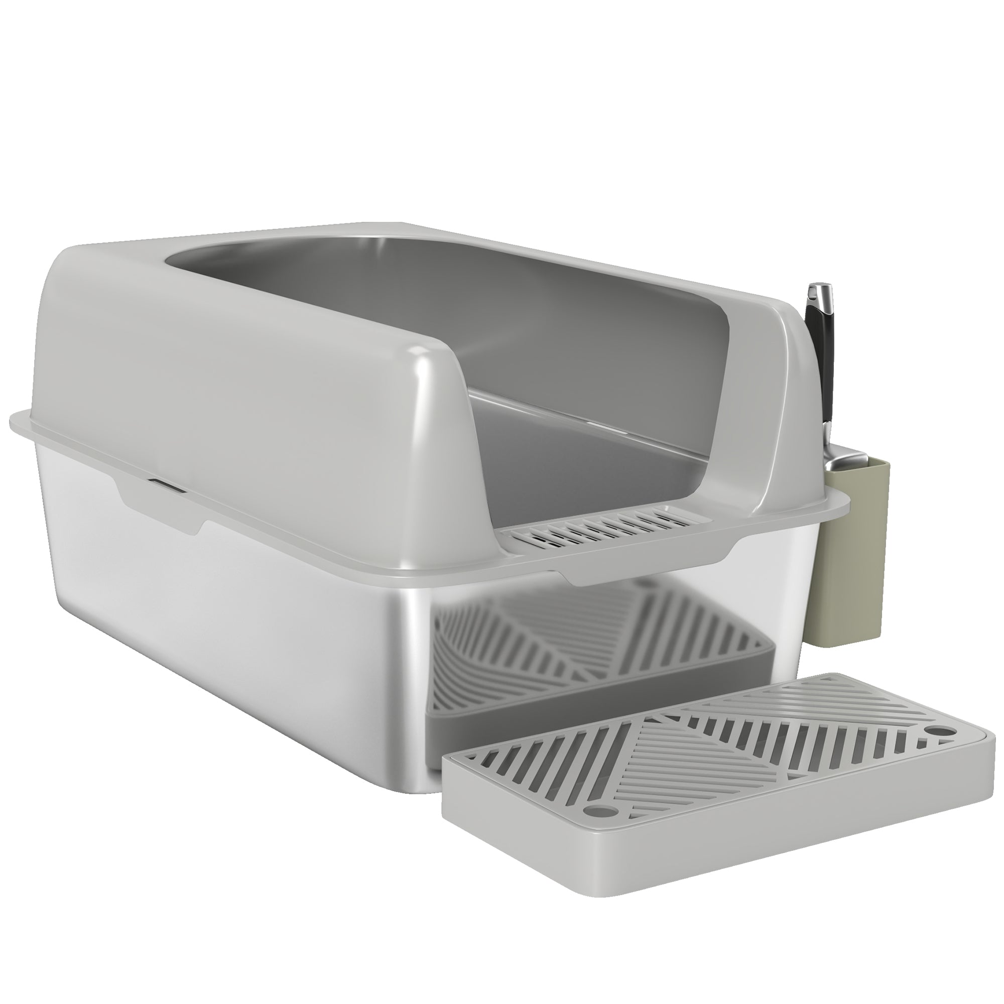 Stainless Steel Cat Litter Box Open Cat Litter Box without Lid XXL Cat Litter Box with Shovel High Rim Mat Storage Box Cat Litter Box for Medium-sized Cats 60 x 40 x 30 cm Light Gray