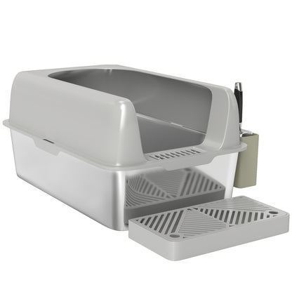 Stainless Steel Cat Litter Box Open Cat Litter Box without Lid XXL Cat Litter Box with Shovel High Rim Mat Storage Box Cat Litter Box for Medium-sized Cats 60 x 40 x 30 cm Light Gray