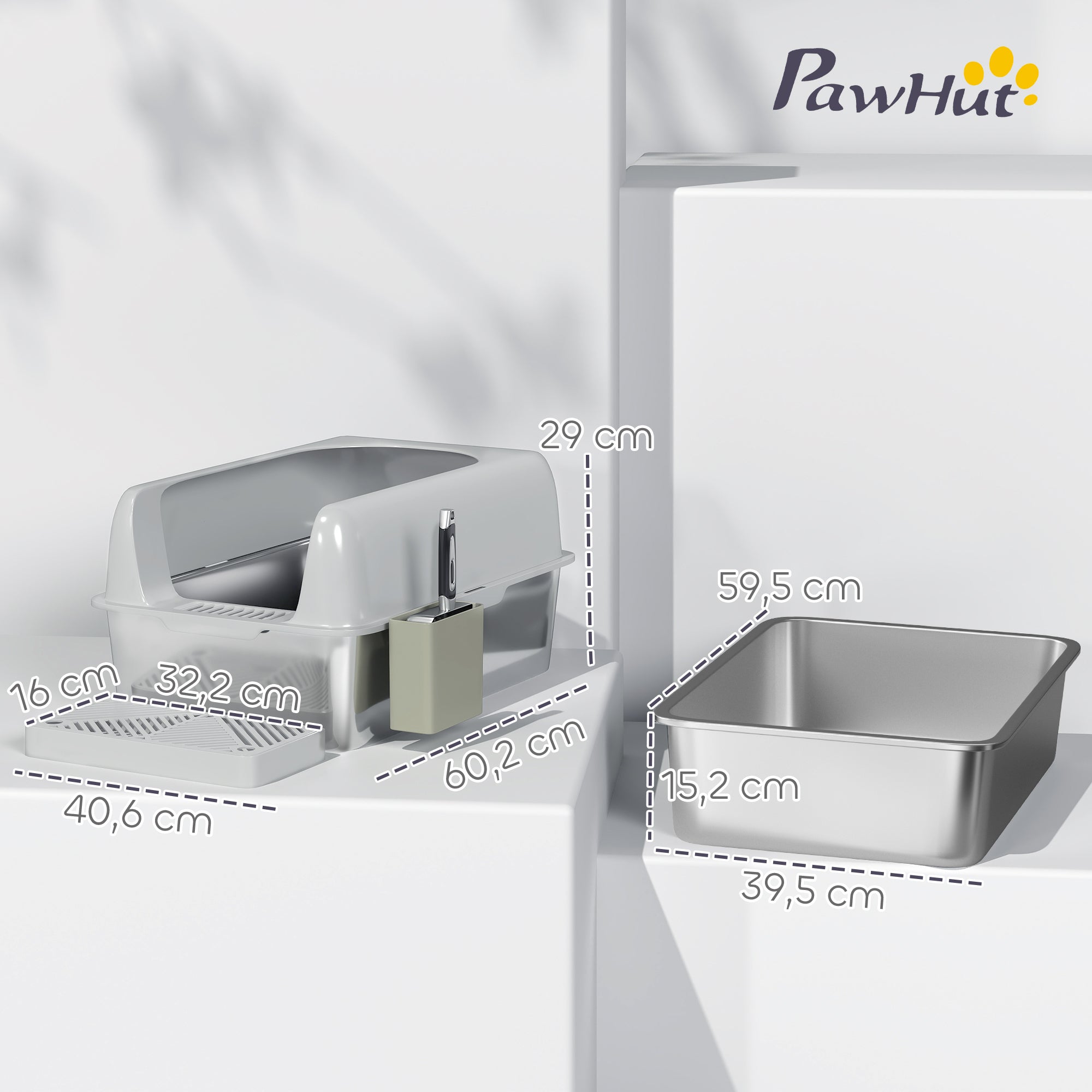 Stainless Steel Cat Litter Box Open Cat Litter Box without Lid XXL Cat Litter Box with Shovel High Rim Mat Storage Box Cat Litter Box for Medium-sized Cats 60 x 40 x 30 cm Light Gray