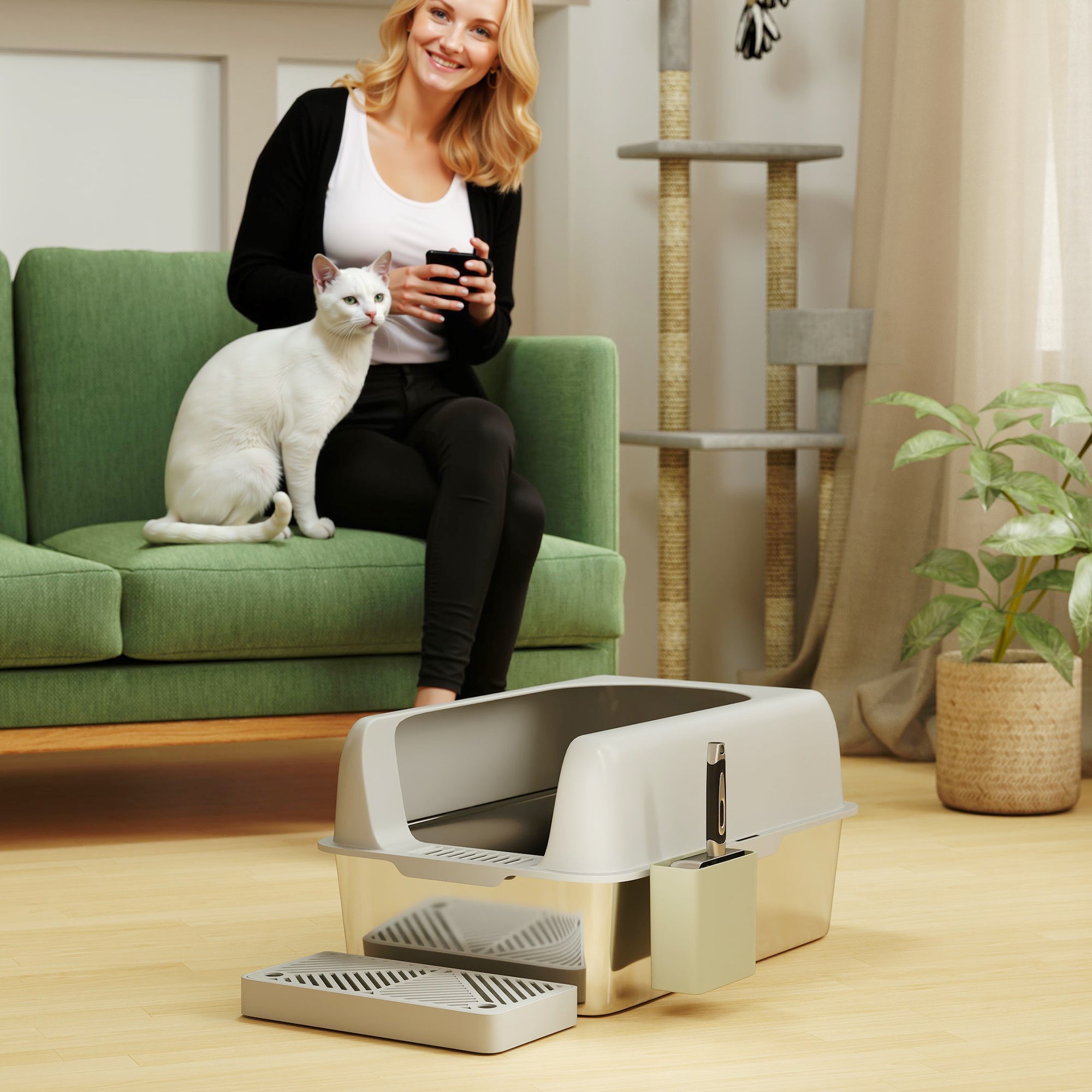 Stainless Steel Cat Litter Box Open Cat Litter Box without Lid XXL Cat Litter Box with Shovel High Rim Mat Storage Box Cat Litter Box for Medium-sized Cats 60 x 40 x 30 cm Light Gray