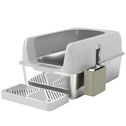 Stainless Steel Cat Litter Box Open Cat Litter Box without Lid XXL Cat Litter Box with Shovel High Rim Mat Storage Box Cat Litter Box for Medium-sized Cats 60 x 40 x 30 cm Light Gray