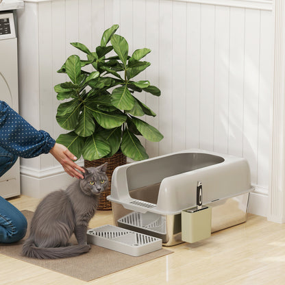 Stainless Steel Cat Litter Box Open Cat Litter Box without Lid XXL Cat Litter Box with Shovel High Rim Mat Storage Box Cat Litter Box for Medium-sized Cats 60 x 40 x 30 cm Light Gray