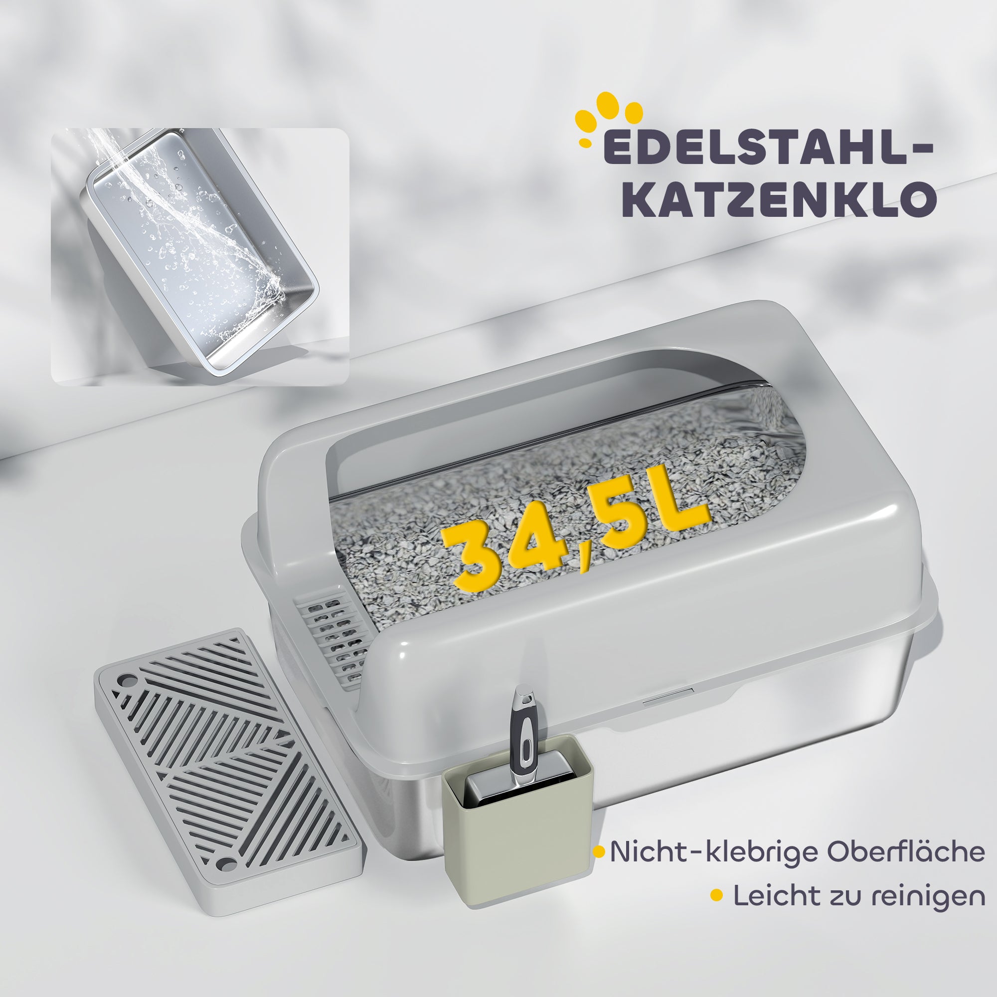 Stainless Steel Cat Litter Box Open Cat Litter Box without Lid XXL Cat Litter Box with Shovel High Rim Mat Storage Box Cat Litter Box for Medium-sized Cats 60 x 40 x 30 cm Light Gray
