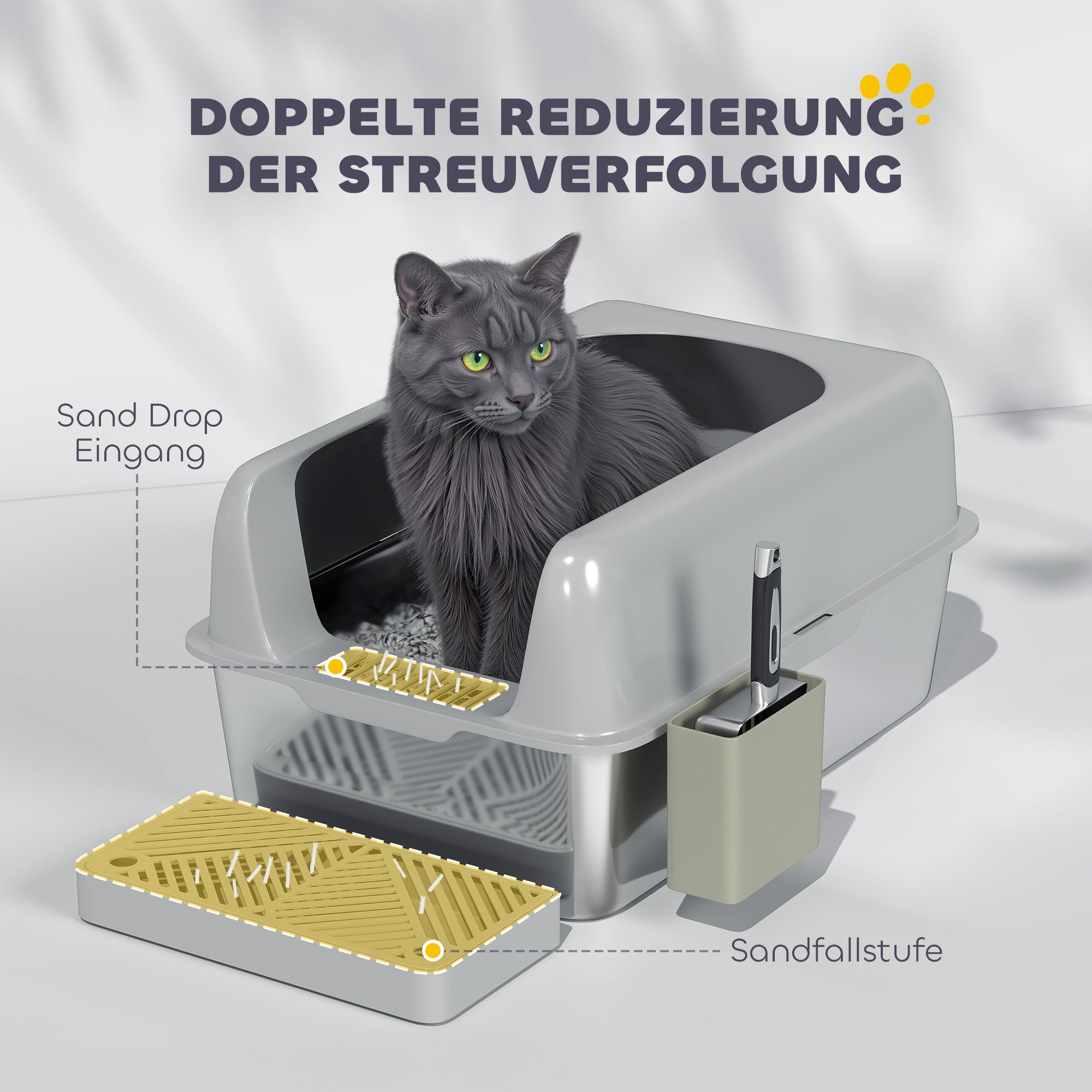 Stainless Steel Cat Litter Box Open Cat Litter Box without Lid XXL Cat Litter Box with Shovel High Rim Mat Storage Box Cat Litter Box for Medium-sized Cats 60 x 40 x 30 cm Light Gray