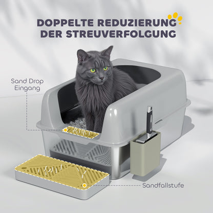 Stainless Steel Cat Litter Box Open Cat Litter Box without Lid XXL Cat Litter Box with Shovel High Rim Mat Storage Box Cat Litter Box for Medium-sized Cats 60 x 40 x 30 cm Light Gray