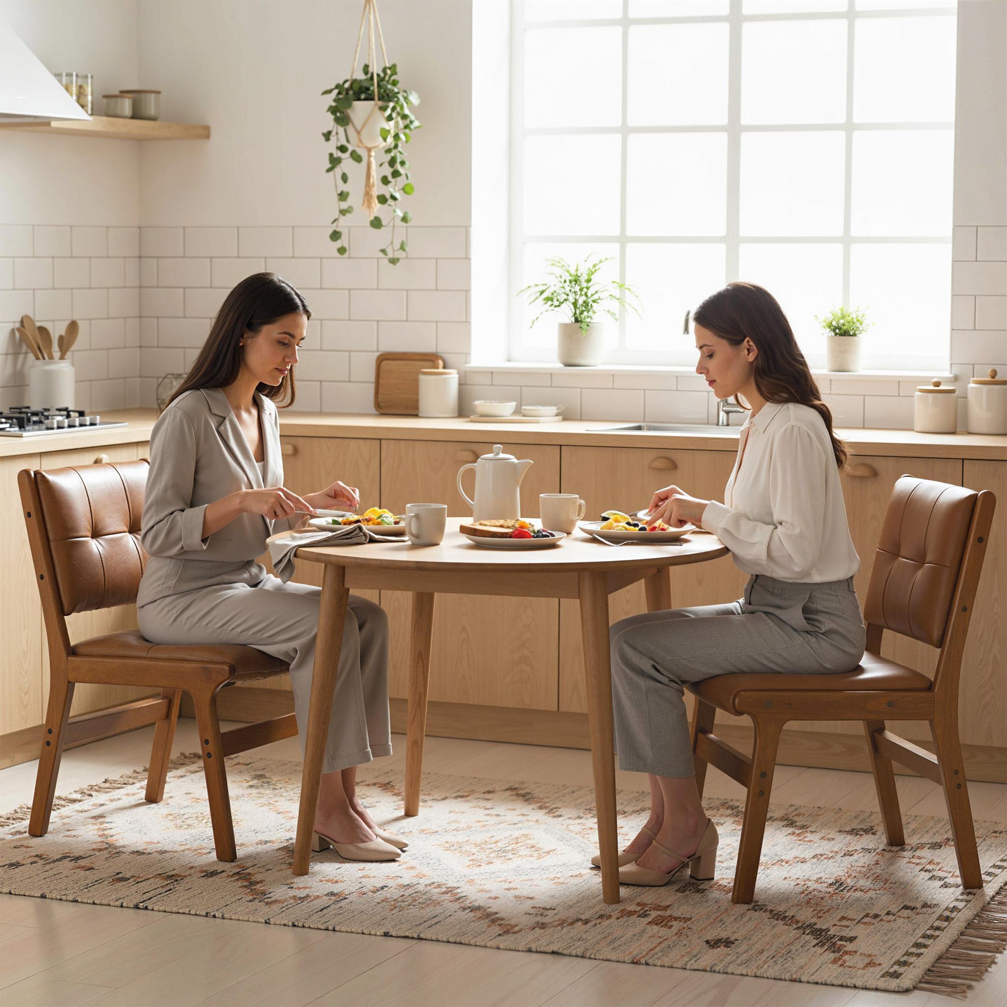 Set of 2 Dining Chairs, Modern PU Upholstered Kitchen Chairs, Padded Seat, Wooden Legs, Brown