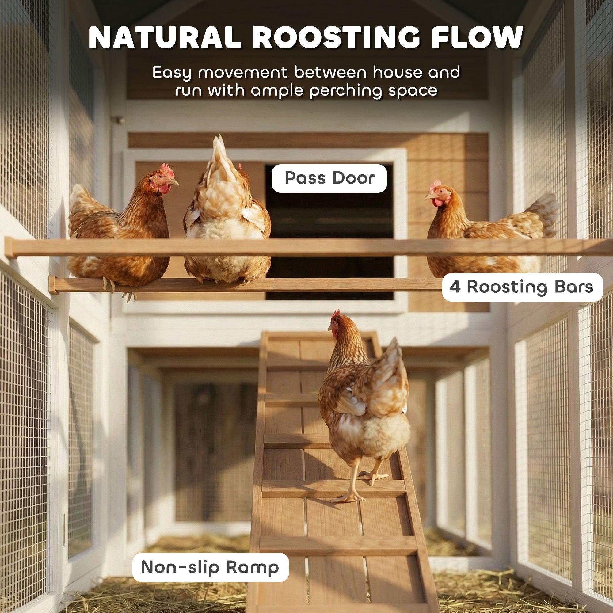 Chicken Coop with Run & Nest Box for 4 Hens, 200 x 104 x 145 cm Wooden Hen House with Removable Tray, Waterproof Asphalt Roof, Ramp, Brown