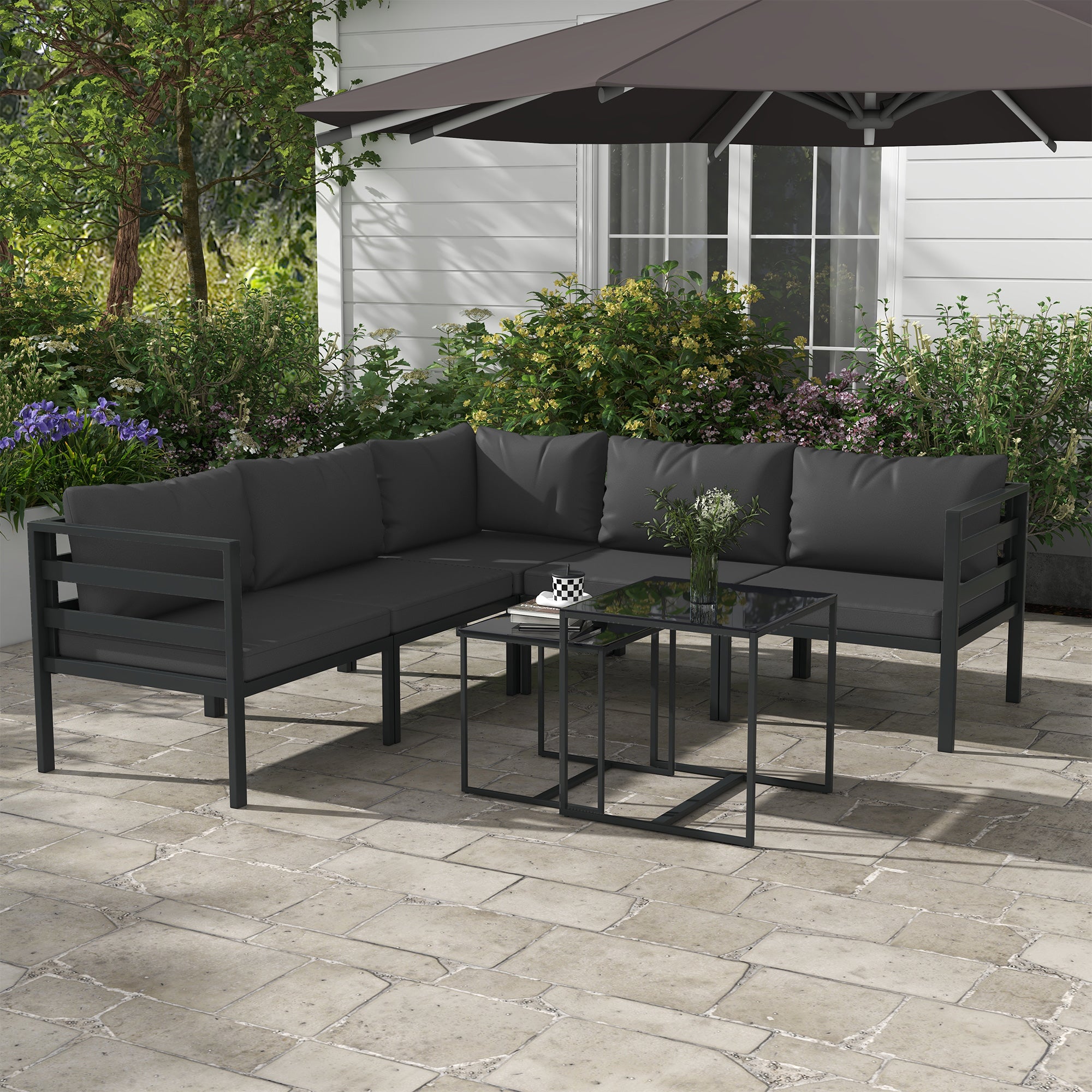 7-Piece Garden Furniture Set Patio Furniture Set Includes 5 Outdoor Sofa Modules with Cushions and 2 Center Tables for Gray Patio
