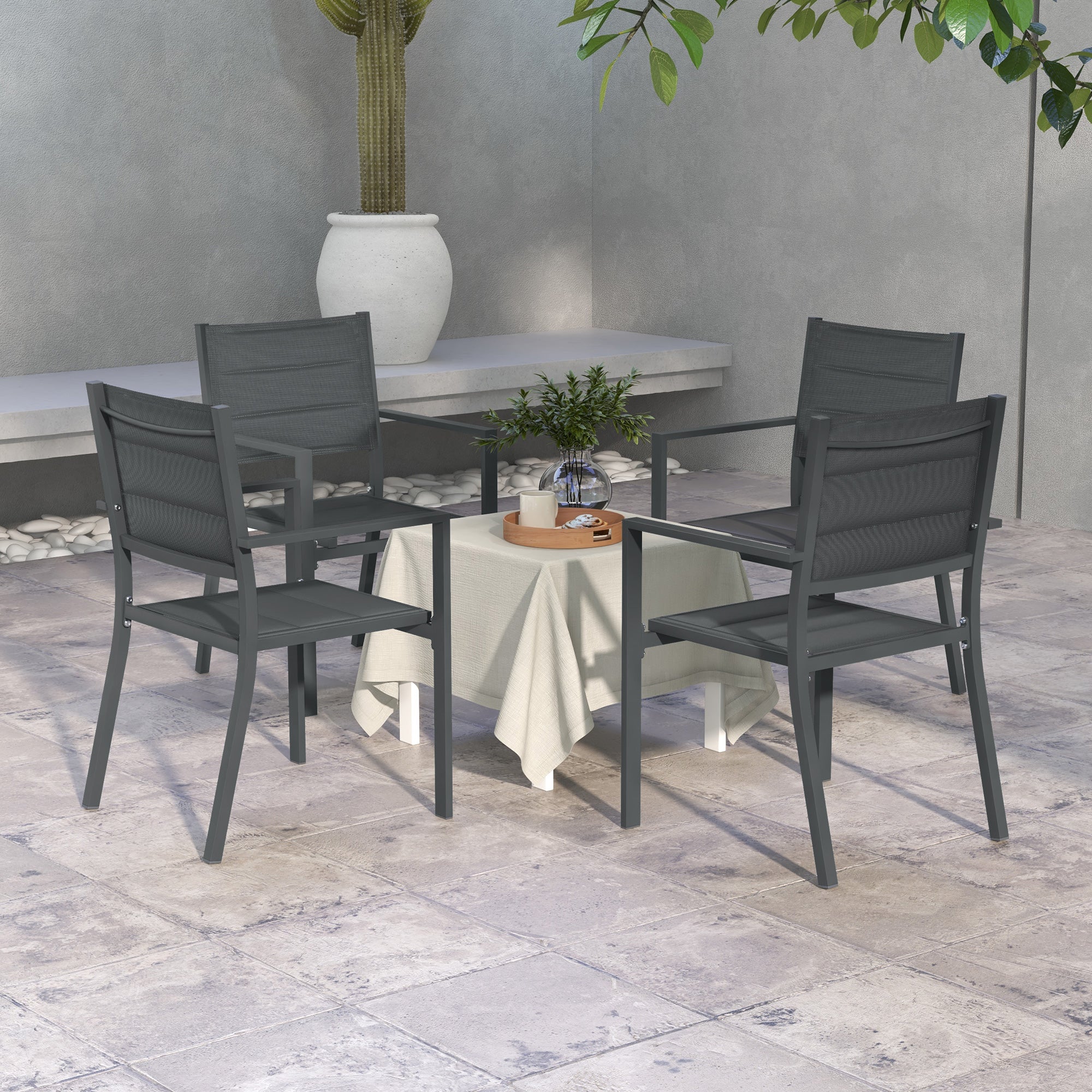 Set of 4 stackable aluminum and textilene garden chairs with armrests, set of 4 pieces for outdoor, Gray