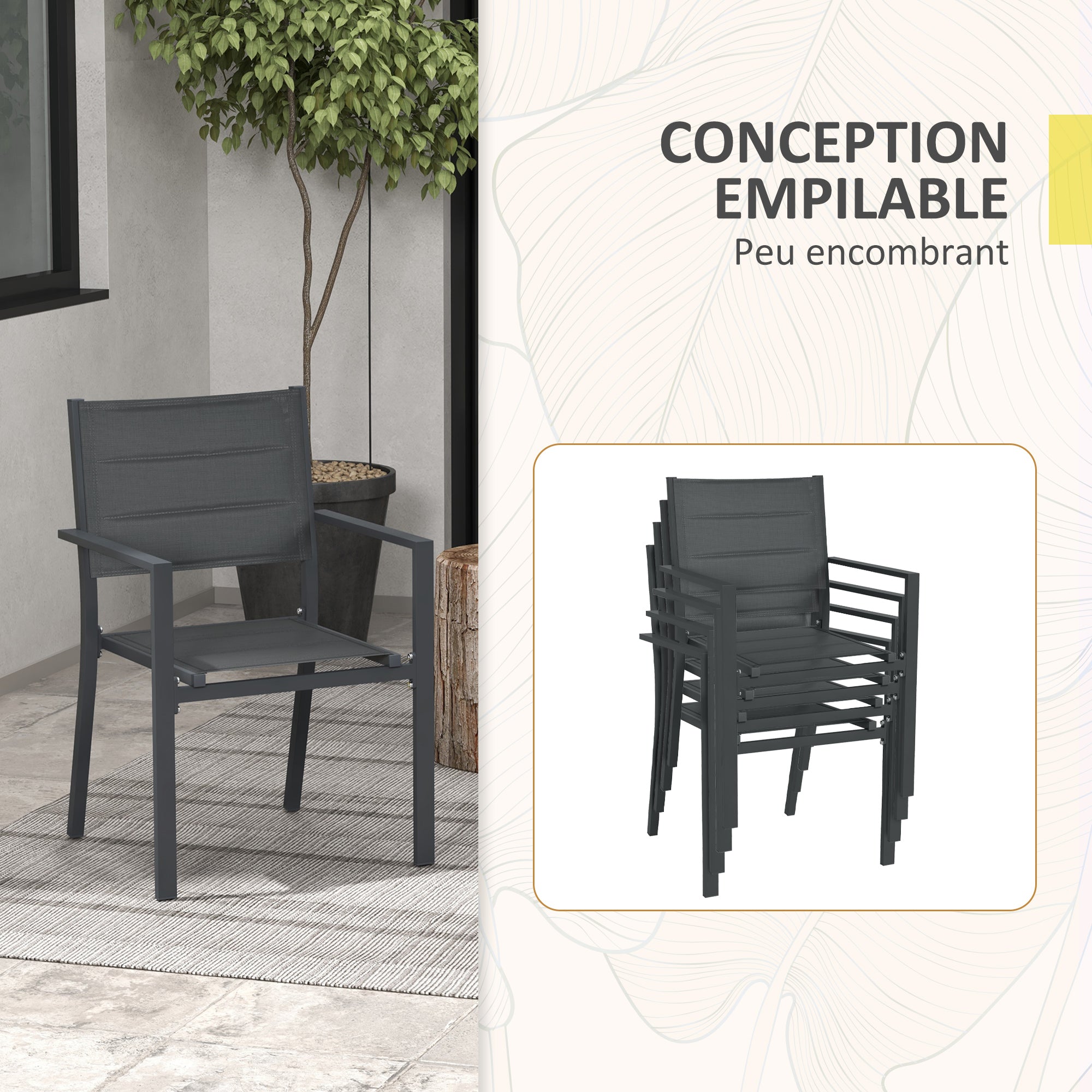 Set of 4 stackable aluminum and textilene garden chairs with armrests, set of 4 pieces for outdoor, Gray